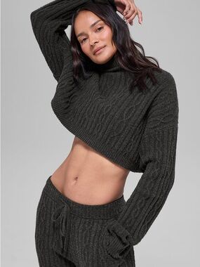 ALO Yoga Black Cropped Cable-Knit Turtleneck Sweater